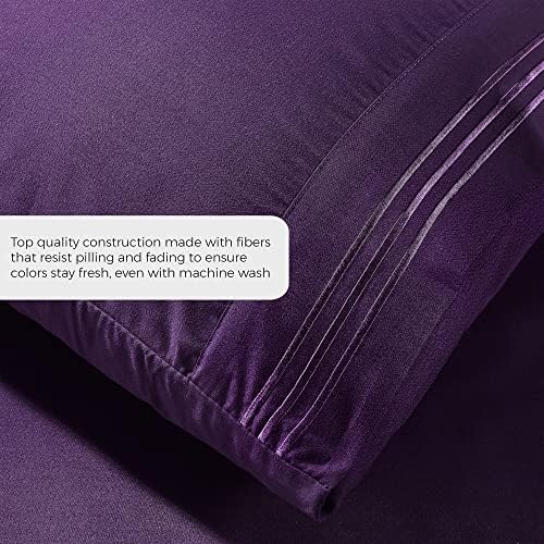 Спално бельо PURE BEDDING - Комплект спално бельо Queen (6 предмети, лилаво) - Хотел Luxury 1800 от микрофибър с четка - Мека и дишаща - Чаршаф