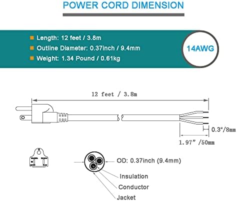 14 AWG 12 Фута Косичка захранващия кабел за променлив ток с 3-Кабелен Зачищенным края на Тежкотоварни източник на захранване