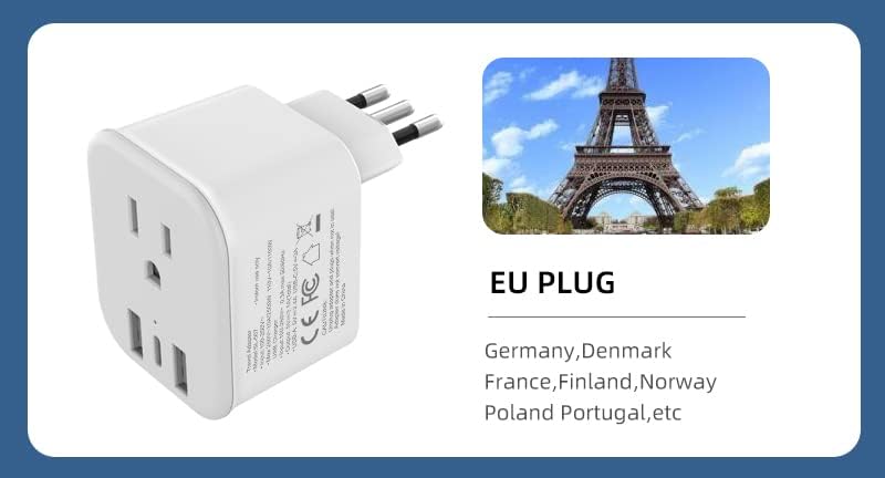 Европейският адаптер за пътуване, 2 USB + 1 USB C + 1 адаптер за контакта с променлив ток Зарядно устройство, подходящ е