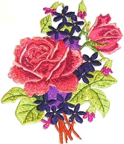 Обичай Букет от розови/червени рози, бродирана на желязо нашивке [5 * 5] [Произведено в САЩ]
