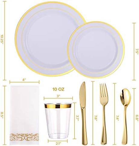 Набор от златни съдове от 175 точки за 25 Гости -50 Пластмасови чинии със златен ръб -25 златни пластмасови прибори за хранене-25 златни пластмасови