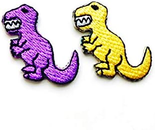 Та комплект от 2 Малки. Мини Динозавър T-rex Жълто-Виолетов Цвят, Динозавър, Сладък Cartoony Лого, Ивици, Пришитый Желязо, Бродирана