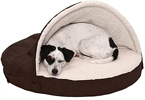 Furhaven Кръгла Ортопедично легло за кучета 26 инча от Шерпи и Велур с Подвижен Миещ се калъф - Еспресо, 26 инча