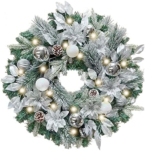 Коледен Венец WANNA-CUL с предварителна подсветка от 24 инча за украса на входната врата с орнаменти във формата на Сребристо-бели