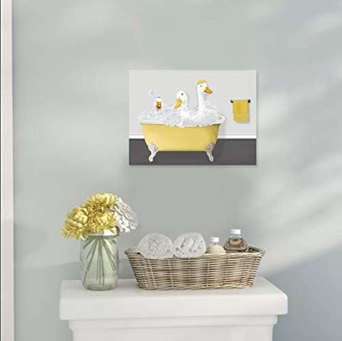 Genius Decor - Съвременно Забавно Стенно Изкуство за Баня Жълто-Сив Цвят, с Участието на Трите Гъски в Банята, Декорация