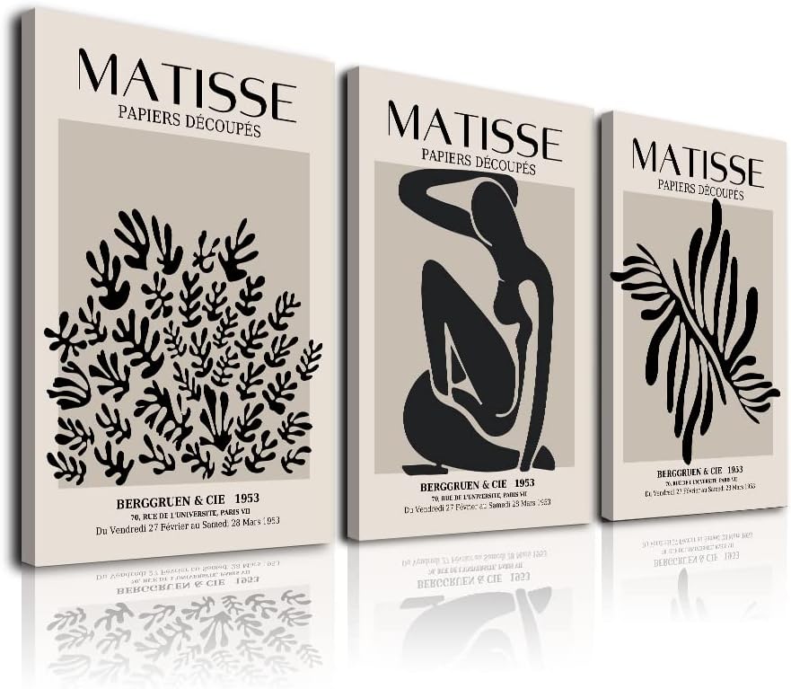 Matisse Wall Art Комплект от 3, Абстрактни Изложбени Плакати Matisse Wall Art, Черно и Бежово Платно в рамка с Щампи, Анри Матис, Живопис