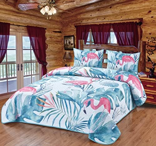 Комплект спално бельо DeLeon Collections Coastal Living Розов Flamingo & Aqua Palms Quilt / Размер: Одеяло на Queen + 2