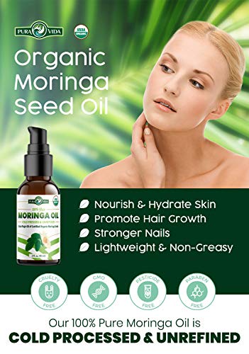 Pura Vida Moringa - Органично масло от моринги за лице, коса и кожа. Органични Асеит Моринги студено Пресован Extra Virgen Organico