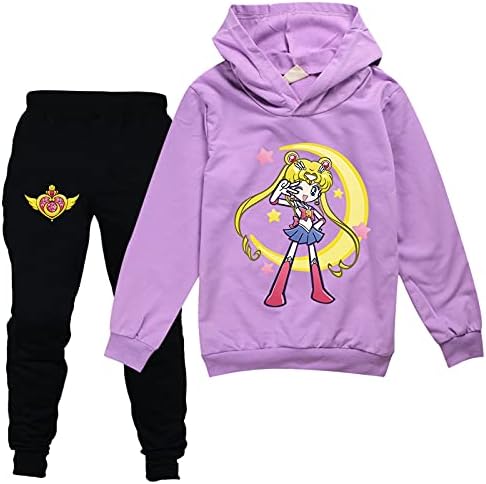 Leeorz/ Скъпа Hoody с качулка Sailor Moon, за момичета, Пуловер и Панталони, Спортно облекло, Комплект от 2 теми, Hoody