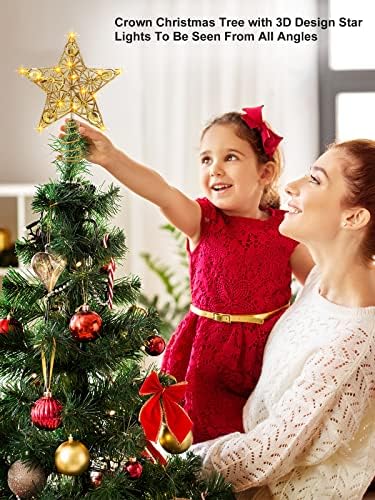 Коледна Украса Звезда на върха на дървото с вграден led и таймер 10,8 , Мигащи или Фиксирани светлини за коледна украса, Златна