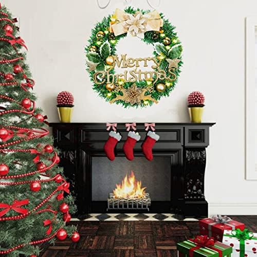 Коледен Венец за входната врата с подсветка, 16-инчов Изкуствен Коледен Венец с метална закачалка, 40 led лампи на батерии, борови