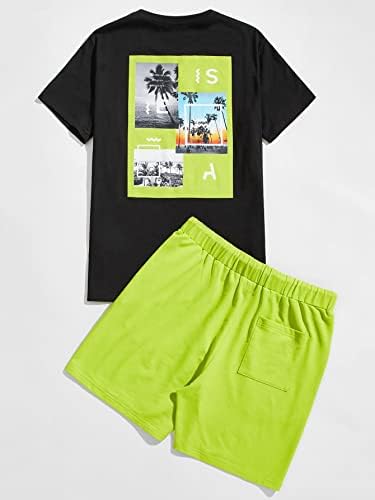 FIOXA Комплект дрехи от две части за мъже, тениски с принтом кокосови палми и спортни шорти (Цвят: многоцветен, Размер: Малък)