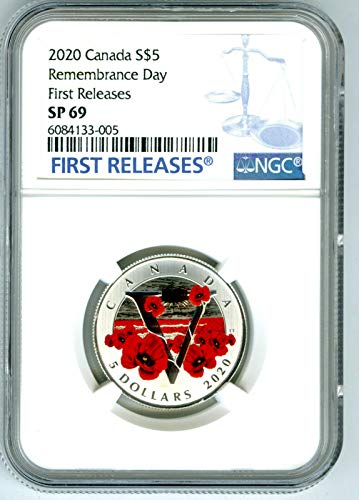 2020 Кралския монетен двор на Канада, Канада, VE-DAY V-E DAY V75, ЧЕРВЕН МАК, $ 5 SP69 NGC