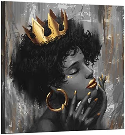 sechars Афроамериканское Стенно изкуство Красива чернокожая Жена с Корона от Художествени Картини на Модерни Черно-Златни