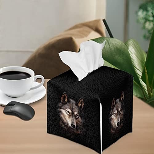 DISNIMO Cool Wolf Черен Капак Кутии за Салфетки, Модерен Квадратен Държач Кутии за Салфетки, Кожени Калъфи за Салфетки на Масата, Декоративен
