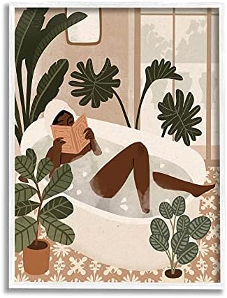 Stupell Industries Женски четене във Вана с Тропически палмови растения, Дизайн Виктория Барнс, Стенно изкуство в бяла рамка, 24 x 30,