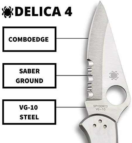 Корпоративна нож Spyderco Delica 4, с острие от стомана VG-10 с сабельной шлайфане 2,95 инча и здрава дръжка от неръждаема стомана - CombinationEdge