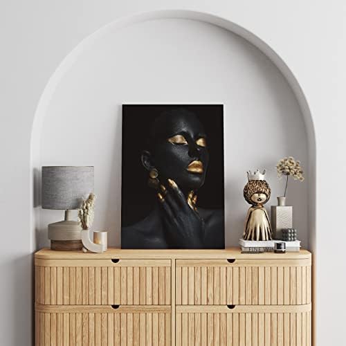 Стенни Художествена картина върху платно с рамка (11,5 × 15 см), черно-златен Моден Портрет на Черната Жена, Афроамериканское