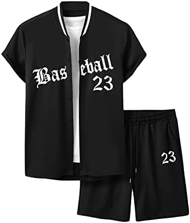 Мъжки дрехи GORGLITTER от 2 теми, Бейзболна Риза с Писмото Шарките и Копчета Отпред и Шорти в Комплект с Джобове
