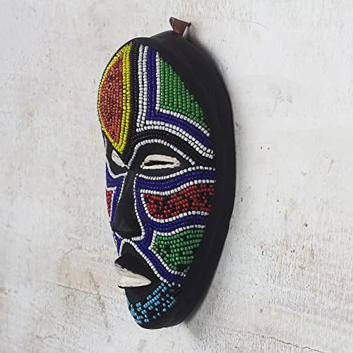 NOVICA Face Of Colors Африканска Дървена Маска от Рециклирано Стъкло, Бродирани Мъниста