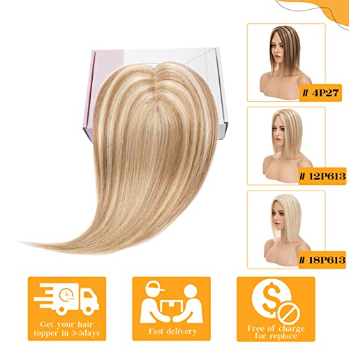 S-noilite Топперы за коса за жени от истински Човешки коси Без бретон 12P613 Златисто-кафяв и избелващ Blond с заколкой в топпере 6
