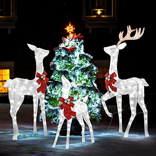 MCOW Коледна украса за двора с Елени на открито от 3 теми, Предварително Осветени от семейство Елени с 365 led фенери, Осветени