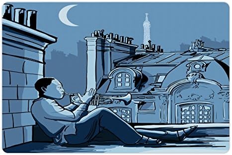Музикален килим за домашни за храна и вода, Тромпетист на покрива на нощен Париж с участието на Айфеловата на Луната в Европа,