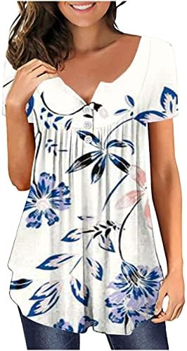 Блуза, Риза за Дами Лято Есен С Къс Ръкав и Деколте Лодка Памучен Цвете Графична Плиссированная Блуза Копчета WH
