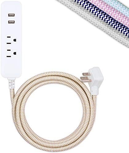Дизайнерски удължителен кабел за зарядно устройство Cordinate, Мрежов филтър, 2 Гнезда, 2 USB порта, Плосък вилица, Сплетен кабел, Бързо зареждане