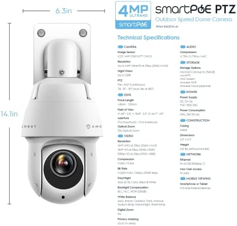 Amcrest 4-Мегапикселова Градинска PTZ POE + AI IP камера с превръщането, 25-кратно двигател на мащабиране (оптично) Скорост