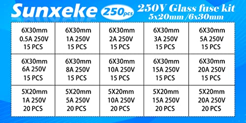 Sunxeke 250шт 250 В предпазители от быстроразъемного стъкло В продуктова гама (5x20 mm-1A/ 5A/10A/15A/20A) и (6x30 мм-0,5 A /1A/2A/3A