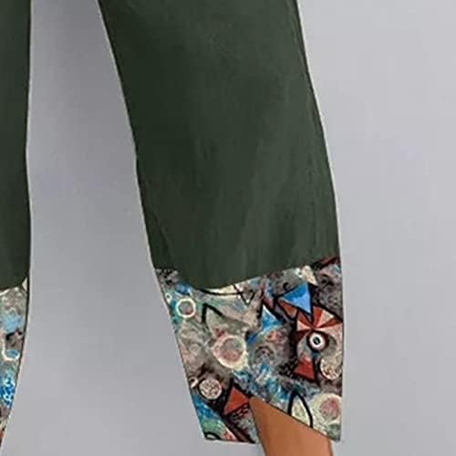 Дамски Ленени Широки Панталони с принтом, Леки Скъсяване на Панталони с Еластичен Колан, Плажни Зреещи с джобове (Зелен, X-Large)