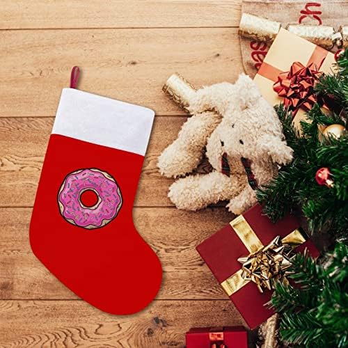 Коледни Чорапи с Розови Пончиком от Червено Кадифе, с Бял Пакет шоколадови Бонбони, Коледни Декорации и Аксесоари за вашето семейно Парти