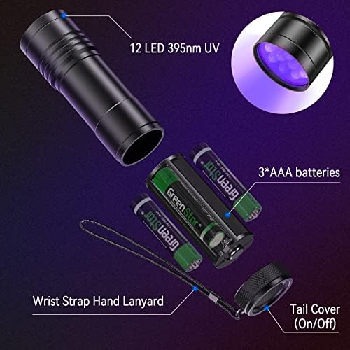 ултравиолетовите фенери kizplays, 2 комплекта прожектор черен цвят с 12 светодиода и 395 нм черен светлина за откриване на урина от домашни