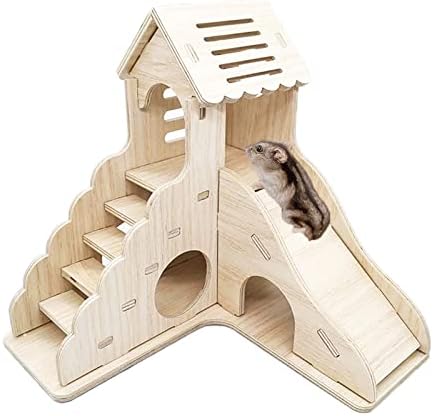 Аксесоари за клетки Sirvarni Hamster Hideout - Къщичка за хамстер Среда Дървена Замерват със Стълби за изкачване и платформа, Играчки