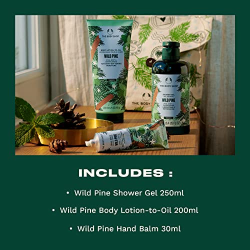 Подаръчен комплект The Body Shop Pine & Divine Wild Pine Essentials – Празничен комплект за грижа за кожата с Освежаващ аромат на