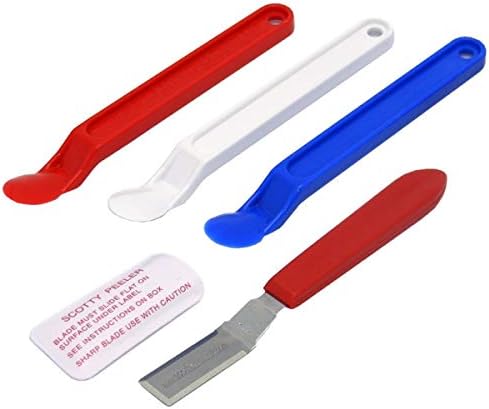 Инструмент за премахване на етикети и стикери Scotty Peelers - 3 Пластмасови Червени, Бели, сини и 1 Метален нож с капак