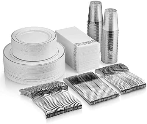 Комплект сребърни изделия от 350 предмети - 50 Гости пластмасови чинии сребро ръб - 50 сребърни пластмасови прибори за хранене