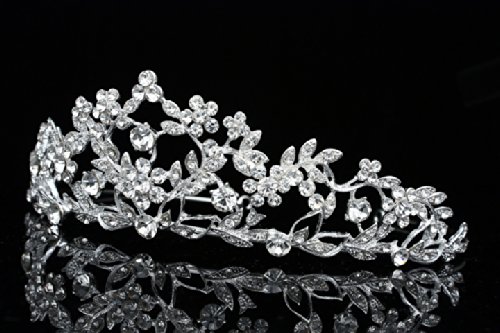 Корона-Диадема за Младоженци с Цветни Листа - Прозрачни Кристали Със Сребърно Покритие T624