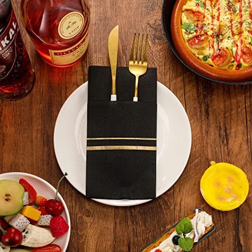 100 Опаковки Черни Салфетки за хранене за Еднократна употреба Ленени Салфетки за хранене, с Вграден джоб за прибори за хранене