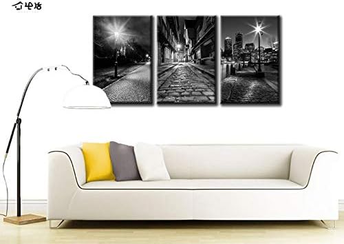 Платно на Стенно изкуство Бостън - Черно-бял Модерен Панорамен Нощен вид на Град, силуета на Историческия център на Прага, Улично Осветление,
