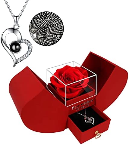 YJYJHOPE Запазена Червена Роза с огърлица обичам те на 100 езика, Подаръци за Свети Валентин, Романтични за Нея, Подаръци за мама,