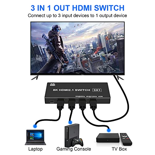 HDMI превключвател 2.1 8K 60Hz, включете HDMI, 3 в 1 изход, с IR дистанционно управление, поддържа 48 gbps, HDR10 +, HDCP2.3,
