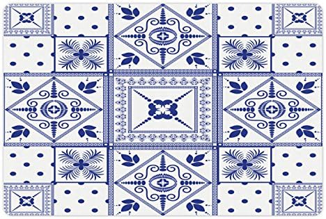 Foldout тъмно Син Мат на домашни животни за храна и вода, Марокански Керамична Украса в източен стил с Точки и цветя Artprint, Правоъгълен
