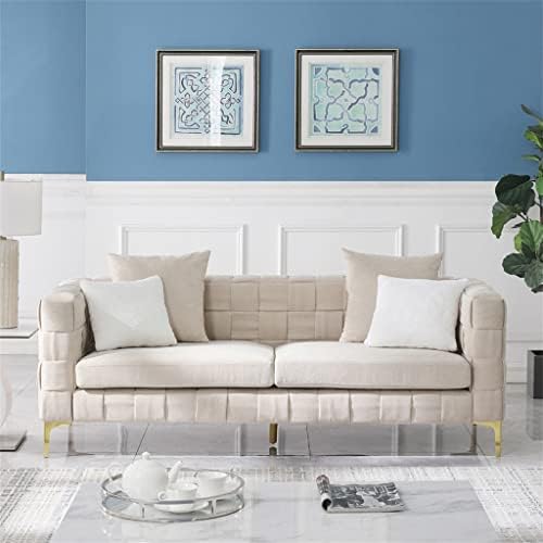 LJMXG Бежов диван, вплетени във формата на снежинки, диван за хол, разтегателен, ръчно изработени с 4 квадратни възглавници за акцент