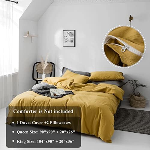 Комплект спално бельо VM VOUGEMARKET King от Выстиранного памук Горчично-Жълт цвят, Ультрамягкое Удобно Тъмно Жълто Стеганое одеяло с цип