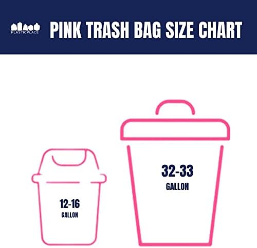 Торби за боклук Plasticplace обем 32-33 литра │ 1,5 Mils │ Розови втулки за боклук резервоарите │ 33 'x 39 (брой 100 броя)