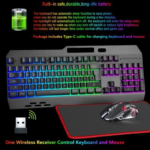 Безжична детска клавиатура и мишка RGB -Акумулаторна клавиатура с подсветка, дълго време на автономна работа, Метален панел,