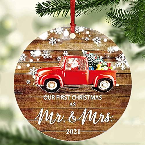 YRM 2 БР. Първото Коледно Сватбена украса 2021, Подарък за младоженци, Първата Ни Коледна украса 2021 във формата на г-н и г-жа Червен Камион,