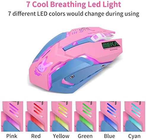 Детска мишката HXMJ Pink, Акумулаторна Безжична Мишка 2.4ghz с USB-приемник, 7 Цвята Осветление, Безшумни Бутони(D. VA )